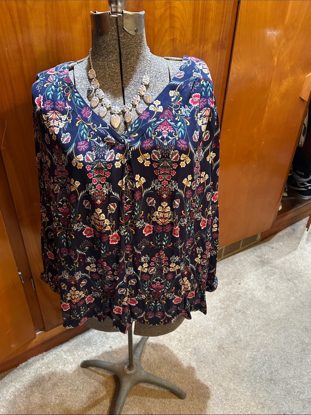 St. John Collection Navy Floral V-Neck Blouse with Multicolor Print